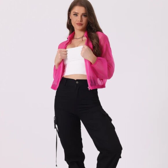 Madelyn Hot Pink Sheer Mesh Zip-Up Bomber Jacket – Size Large | NWOT Lightweight - Picture 3 of 9